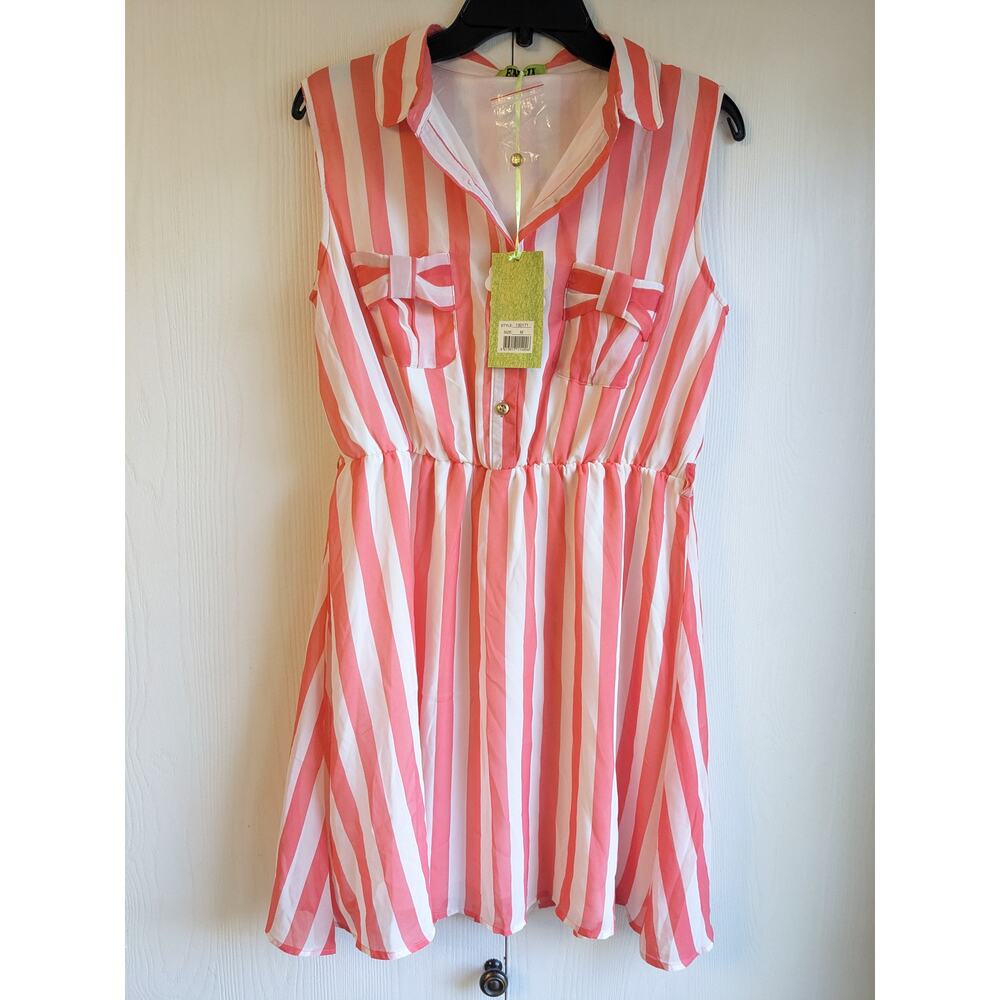 Enlin Women's Pink & White Polyester Collared Fit & Flare Mini Dress Size M